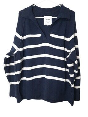 Aerie Plush Knit Polo Sweater Navy White Stripe Preppy Oversized Womens Size M